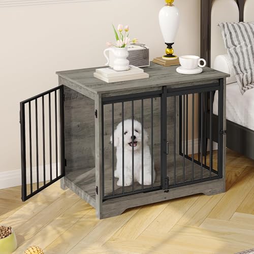 31.9" M Dog Crate Furniture Indoor Dog Kennel with Barn Door (Greige / 31.9"L x 21.7"W x 26.6"H)