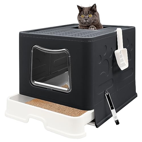 XL Foldable Cat Litter Box with Lid (BLack / X-Large)