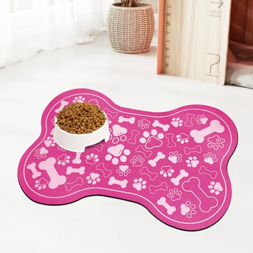 Dog & Cat Food Mat Bone Shaped Pet Feeding Mat Quick Absorb Water Bowl Placemat with Rubber Backing Indoor Floor Stain Resistant Pet Accessory Supplies (Pink / 16"L x 24"W)