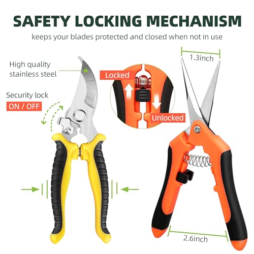 3 Pack Garden Pruning Shears Scissors Clippers Stainless Steel (Yellow Orange)