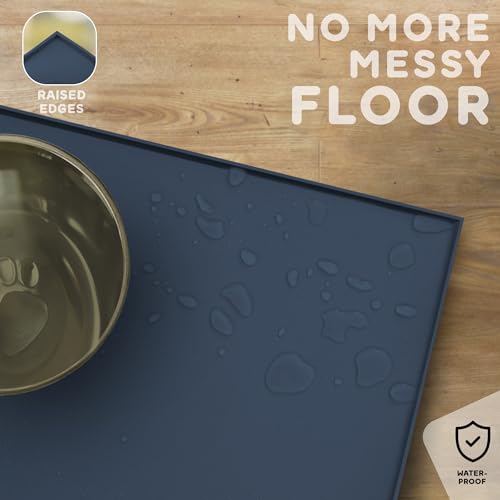 Dog Food Mat Raised Edges Dogs Mat for Food and Water Prevent Spill (18.5" x 11.5" / Denim Gray)