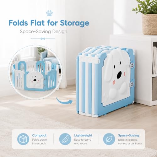 Puppy Play Pen for Indoors with Cute Dog Pattern Door (blue&white / 10 Fence Panels+1 Door)