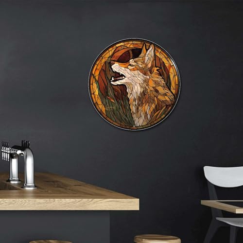 Metal Sign Tin Sign Circular Stained Glass Coyote Gardening Poster for Home Decor 8×8 Inches (8×8 Inches / Coyote-2)