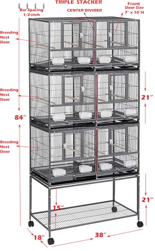 Triple Stackable Sturdy Wrought Iron Center Divided Breeder Breeding Bird Flight Double Rolling Cage Side Nesting Doors Easy Clean Pull Out Tray Aviaries Canaries Cockatiels Lovebirds Finches Budgies (Black Vein)
