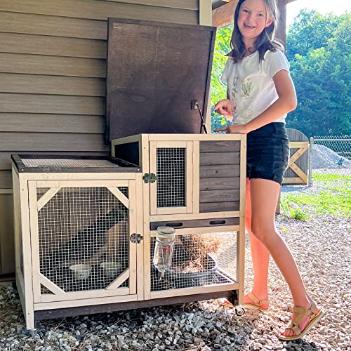 Rabbit Cage Indoor Outdoor Bunny Hutch on Wheels (Dark Brown)