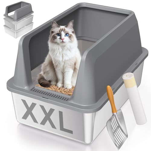Stainless Steel Sifting Litter Box with Lid (XXL:23.6''×15.7''×14'')