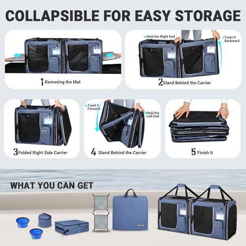2 in 1 Double Cat Car Travel Carrier with Litter Box (Blue / 38.0"L x 17.0"W x 18.0"H)