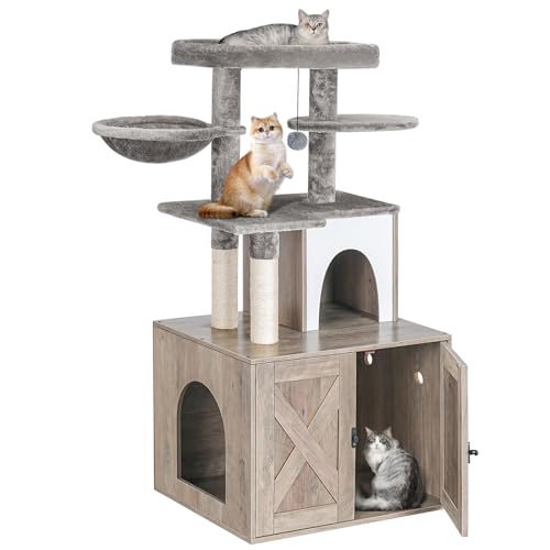 Cat Litter Box Enclosure with Tree Tower and Condo (Grey)