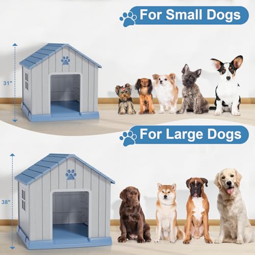Dog House Indoor Outdoor for Small to Large Sized Dogs 38'' Resin Outdoor Dog House with Ventilation Waterproof Puppy Shelter with Elevated Floor (Blue / 37.8'' * 40.87'' * 38.82'')