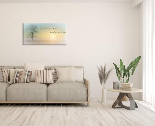 Canvas Wall Art of Misty Sunset & Tree Plant Picture For Bedroom Home Above Bed (46"L x 23"W / Yellow & Teal Sunrise Wal Art (D101))