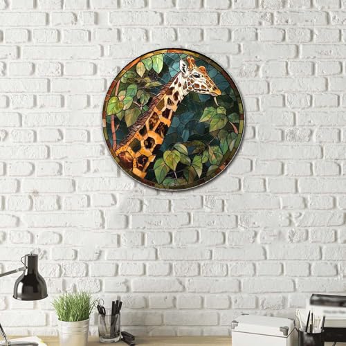 Metal Sign Tin Sign Circular Stained Glass Giraffe Restroom Tin Sign for Home Decor 8×8 Inches (8×8 Inches / Giraffe-2)