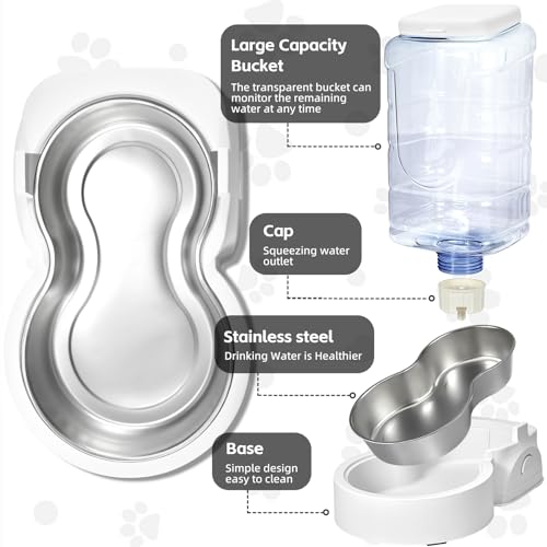 Automatic Cat Feeder and Water Dispenser with Stainless Steel Bowl Dog Gravity Food Feeder and Waterer for Small Medium Pets Puppy Kitten 1 Gallon x 2 (White)
