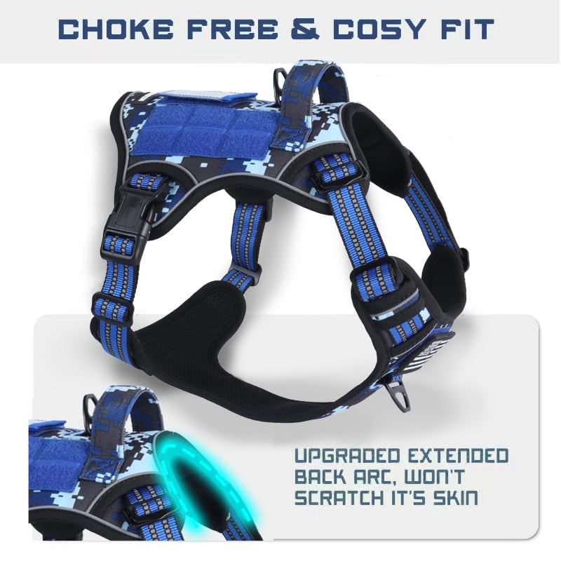 Tactical Dog Harness for Small Dogs No Pull (Blue Camo / S(Neck:13-16", Chest:15-23"))