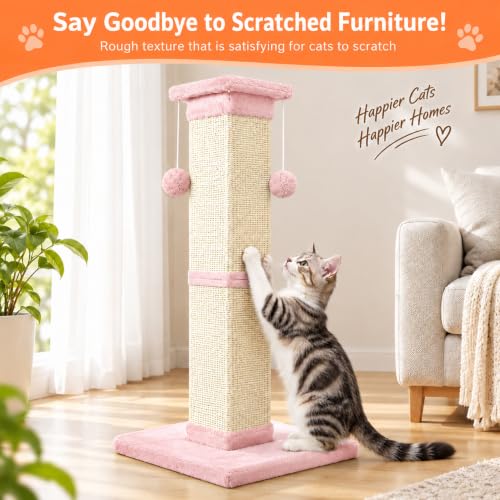 Cat Scratching Post 33 Inch Nature Sisal Cat Scratch Post for Indoor Cats (Pink)