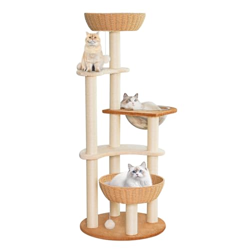 55.5 Inch Modern Cat Tree for Large Cats with Woven Basket Beds (3)