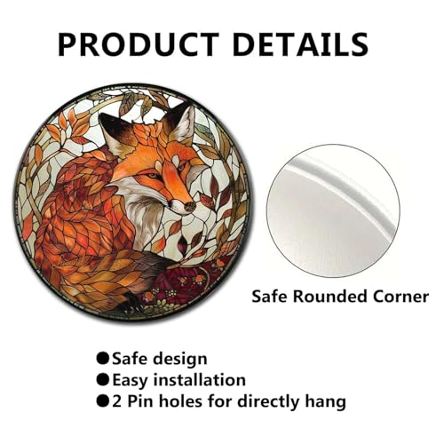 Metal Sign Tin Sign Circular Stained Glass Red Fox2 Funny Garden Signs For Garage 12×12 Inches (12×12 Inches / Red Fox-3)
