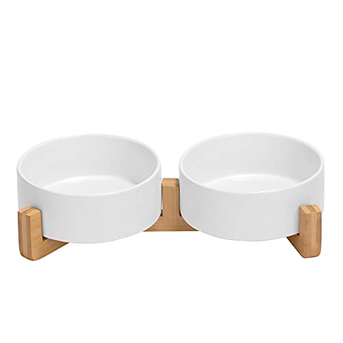 Ceramic Dog and Cat Bowl with Wood Stand Non (1.7 cups / White × 2)