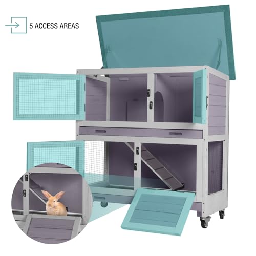2 Tier Wooden Rabbit Hutch Indoor Bunny House Guinea Pig Cage with Sliding Plastic Trays Wheels for Easy Cleaning Ventilation Design and Mobility (Light Grey)