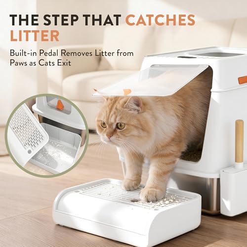 XL Stainless Steel Cat Litter Box with Enclosure and Pooper Scooper (White)