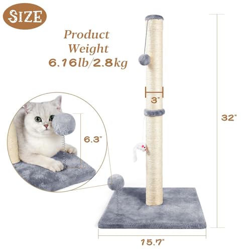 32" Tall Sisal Cat Scratching Posts Tree for Indoor Cats Adults