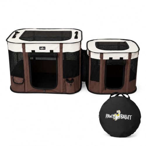2-in-1 Dual-Zone Pet Playpen for Cats & Small Dogs, Portable Indoor Outdoor Pet Enclosure with Connected Rest & Feeding Areas, Foldable Pet Tent with Carrying Bag (Brown / Medium (2-IN-1))