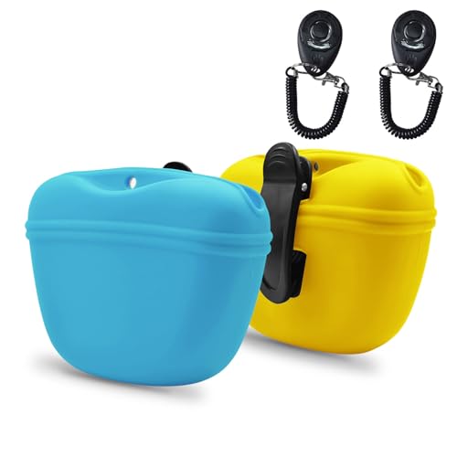 Silicone Dog Treat Pouch with Clicker Magnetic Closure Secure Clip (2 Pack / Sky blue+Yellow)