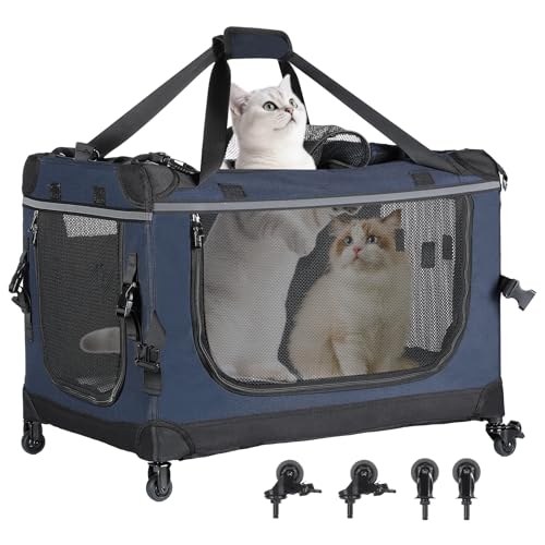 24 inch Rolling Extra Large Cat Carrier with Wheels (Navy Blue)