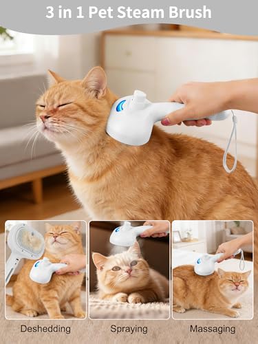 3 in 1 Dog Steam Brush with Storage Rope for Reducing Flying Fur & Static (White)