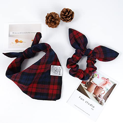 Red Blue Dog Bandanas & Matching Scrunchie Set Plaid Dog Scarf Bibs Pet Handkerchief for Small Dogs Puppy Owner Gifts (04-plaid red / Small-set of 1)