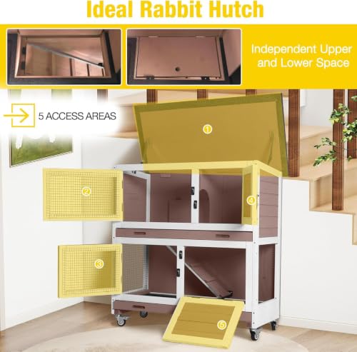 Rabbit Hutch Indoor Bunny Cage Outdoor 2 Story Pet House Guinea Pig Cage on Wheels 36" (Brown / 36.02"L x 17.72"W x 36.22"H)