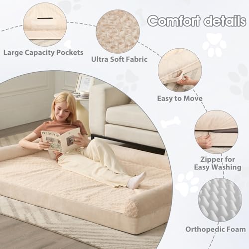 Orthopedic Washable Human Dog Bed for Adult & Dog Cozy Sleep (71"l x 46"w x 7"th / Beige)
