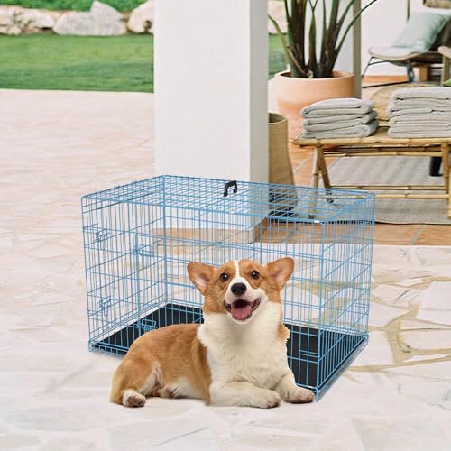30 inch Dog Crate Dog Kennel Cage with Double Door Folding Metal Wire Dog Cage with Removable Tray&Divider Panel (Blue / 30.0"L x 18.0"W x 20.0"H)