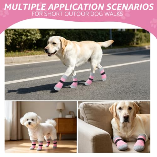 Anti Slip Dog Socks to Prevent Licking Paws for Hardwood Floors (Pearl Paw-Pink / Large (4 Count))