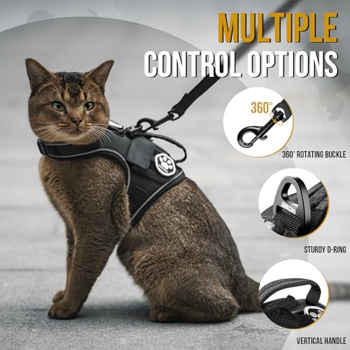 Tactical Cat Harness and Leash Escape Proof Soft Adjustable (Black / XXS:(N:10"-14",C:13"-18",B.L:7.5",W:8-18 lbs))