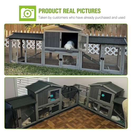Rabbit Hutch Outdoor Large Chicken Coop with Cleaning Tray and Waterproof Roof Wooden Bunny Hutch PVC Floor Bottom for Small and Medium Bunny Rabbit Chick 87.8" L (Gray / 87.8"L x 20.5"W x 33.7"H)