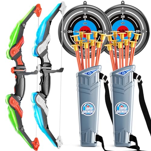 2 Pack Set Kids Archery Bow Arrow Toy Set Outdoor Hunting Play with 2 Bow 20 Suction Cup Arrows 2 Target & 2 Quiver (Green With Blue)