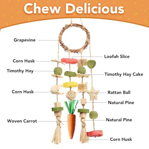 Rabbit Chew Toys Bunny Cage Hanging Toy and Treats Rattan Ring with Snacks for Rodent Pets Teeth Healthy (1 count)
