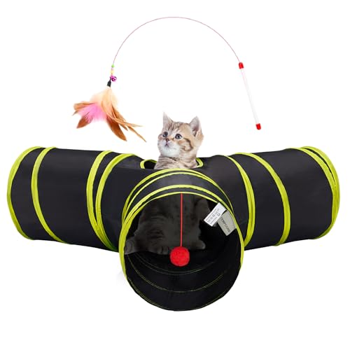 Cat Tunnel, 3-Way Collapsible Toy for Indoor Cats, Black & Yellow (Black & Yellow / Small)