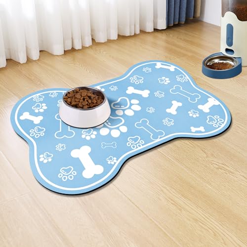 Dog Cat Mat for Food and Water (24"L x 16"W / Bone Shaped Blue)