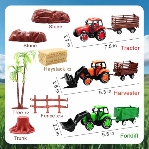 3 Pack Farm Toy Tractor with 40pcs Plastic Farm Animals Figurines and Fence Farm Playset (Farm Animals Figurines)