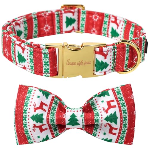 Christmas Day Dog Collar with Bow Christmas Tree Cotton Puppy Collars for Small Medium Large Dogs (Large / red&green bow)