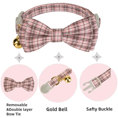 2 Pack Soft Cotton Cat Collars with Bowtie and Bell Breakaway Plaid Cat Kitten Collar (S:Neck 7.0" - 11.0" / Plaid - Pink+Jade Green)