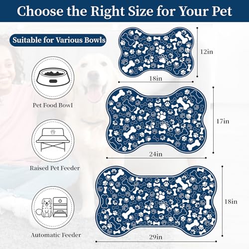 Dog & Cat Food Mat Bone Shaped Pet Feeding Mat Quick Absorb Water Bowl Placemat with Rubber Backing Indoor Floor Stain Resistant Pet Accessory Supplies (Blue / 17"L x 17"W)