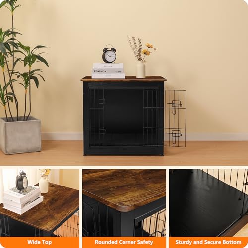 27" Dog Crate Furniture (Black+Rustic Brown / 27.2"L x 20.1"W x 23.6"H)