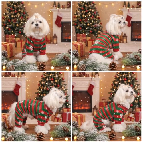 Small Dogs Outfit Soft Puppy Onesies Pjs Christmas Dog Pajamas Pet Coat Cat Apparel Comfy Doggie Jumpsuit Bodysuit for All Seasons P355S (Stripe Snowflakes / Small)
