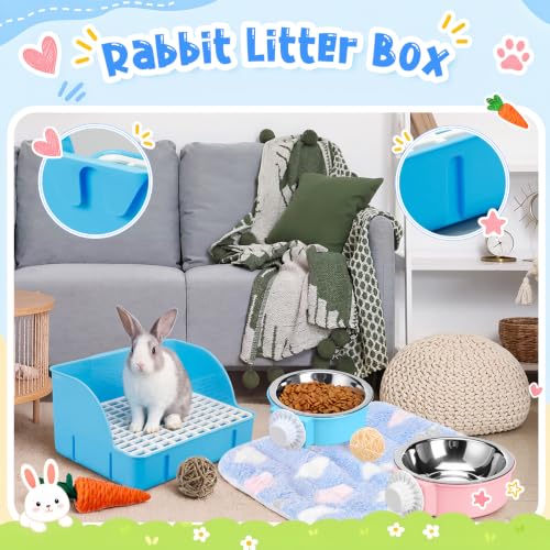 15 Pcs Rabbit Starter Kit Small Rabbit Litter Box Girls Gift Animal Grooming Kit Bunny Toys Bowl Blankets with Cleaning Set for Guinea Pig Accessories (Bright Blue)