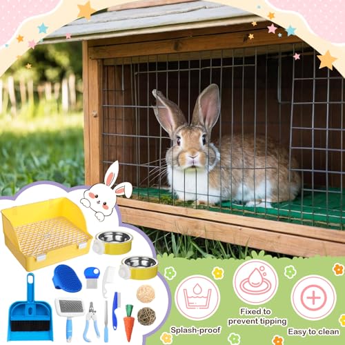 15 Pcs Rabbit Starter Kit Small Rabbit Litter Box Girls Gift Animal Grooming Kit Bunny Toys Bowl Blankets with Cleaning Set for Guinea Pig Accessories (Yellow)