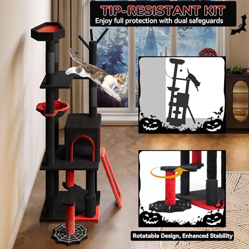Gothic Cat Tree with Coffin Bed (Black and Red / 60inch)