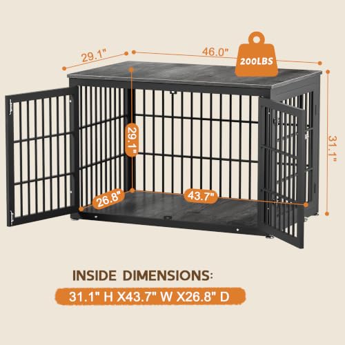 46" Heavy Duty Dog Crate Furniture for Large Dogs (Black + Gray / 46.0"L x 29.1"W x 31.1"H)