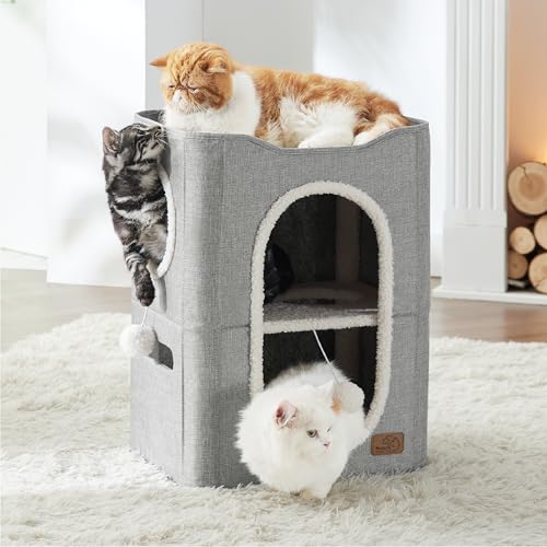 2 Story Cat House for Indoor Cats with Scratch Pad (Grey / Double)